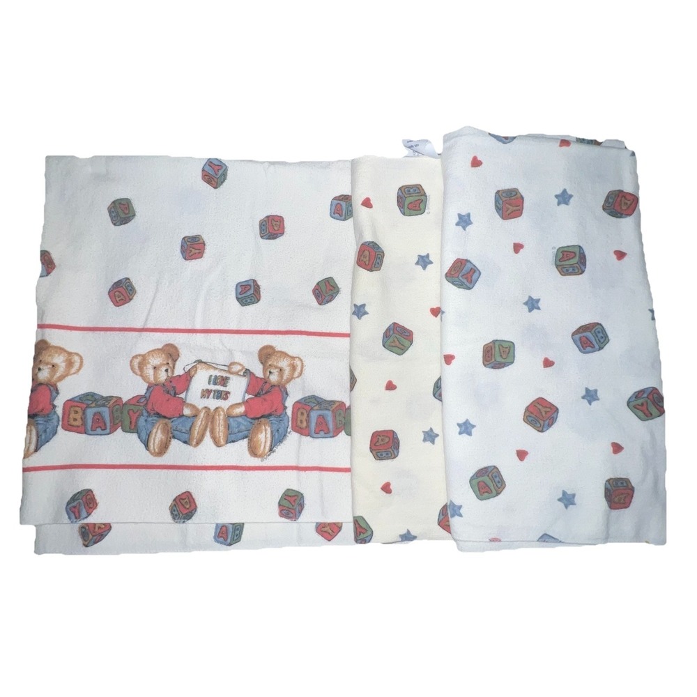 3-Vintage Welcome to the World Flannel Baby Blanket Blue‎ Jean Teddy Bear Toys